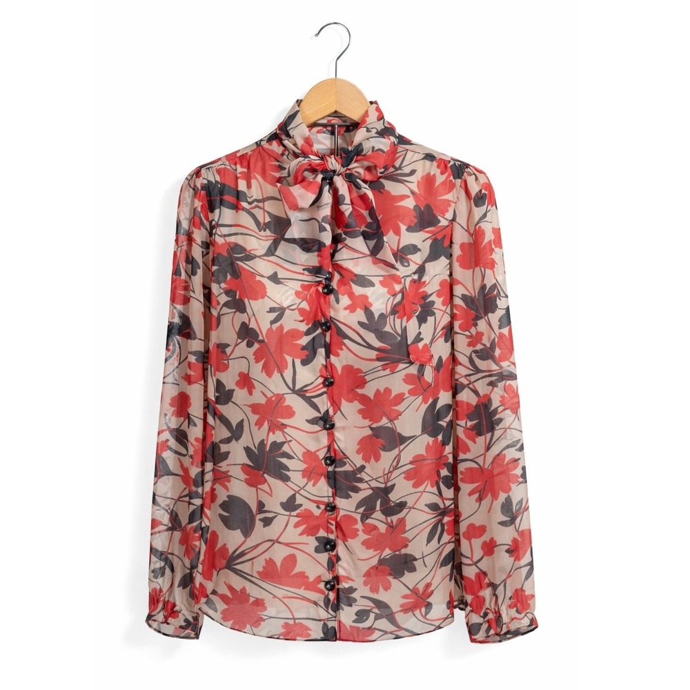 Milly of New York Floral Silk Blouse Women 2 Red Bow Neck Boho Retro‎ Sheer